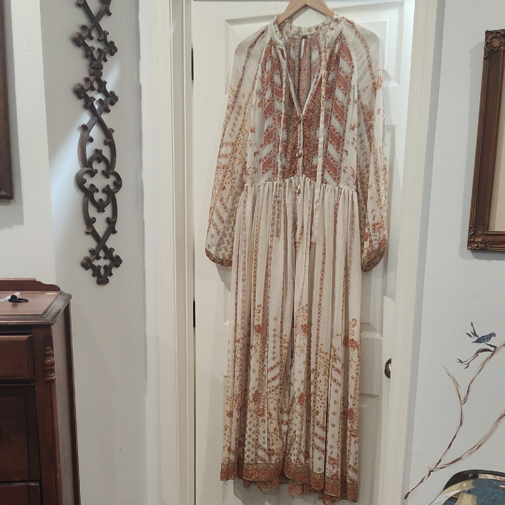 Free People Long Sleeve Boho Dress in Cream and Brown